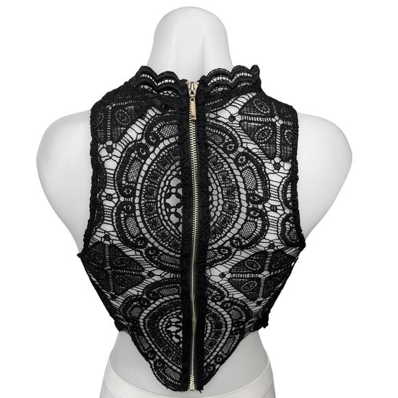 Windsor Black Crochet Open Knit High Neck Zip Sleeveless Crop Tank Top Size S - Picture 2 of 4